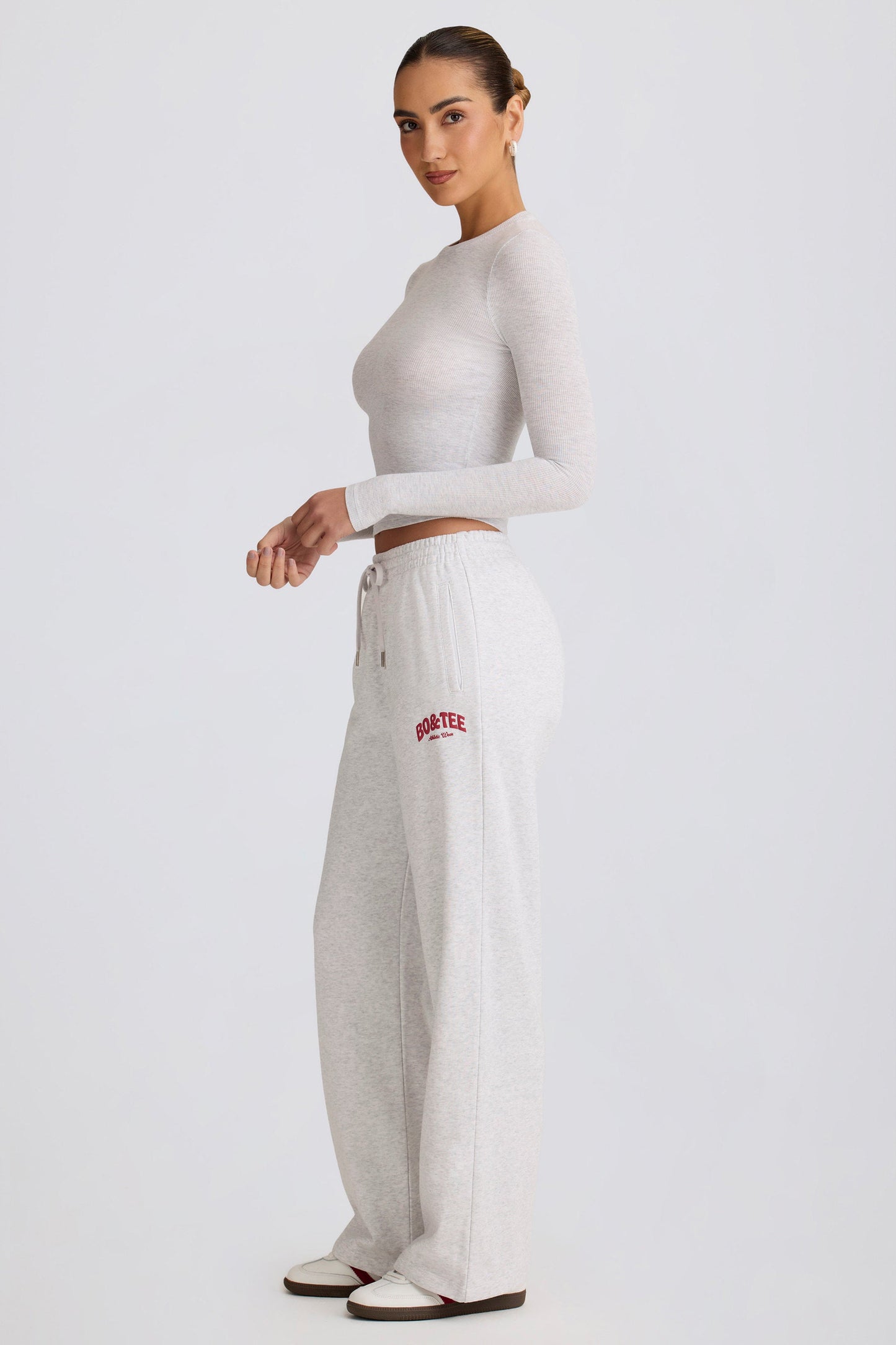 Soft Cotton Mid-Rise Wide-Leg Joggers in Grey Marl